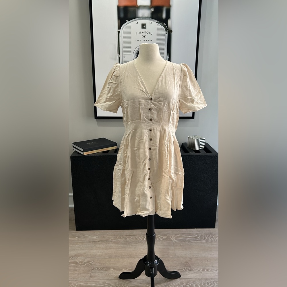 BRAND NEW! Oatmeal Cotton Dress w/ Pleated Shoulder, Faux-Button Down Front